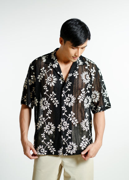 Black Embroidered Mesh Open-Collar Polo