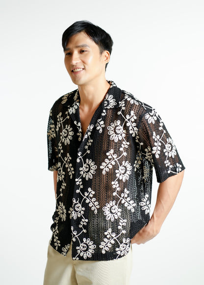 Black Embroidered Mesh Open-Collar Polo