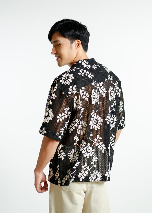 Black Embroidered Mesh Open-Collar Polo