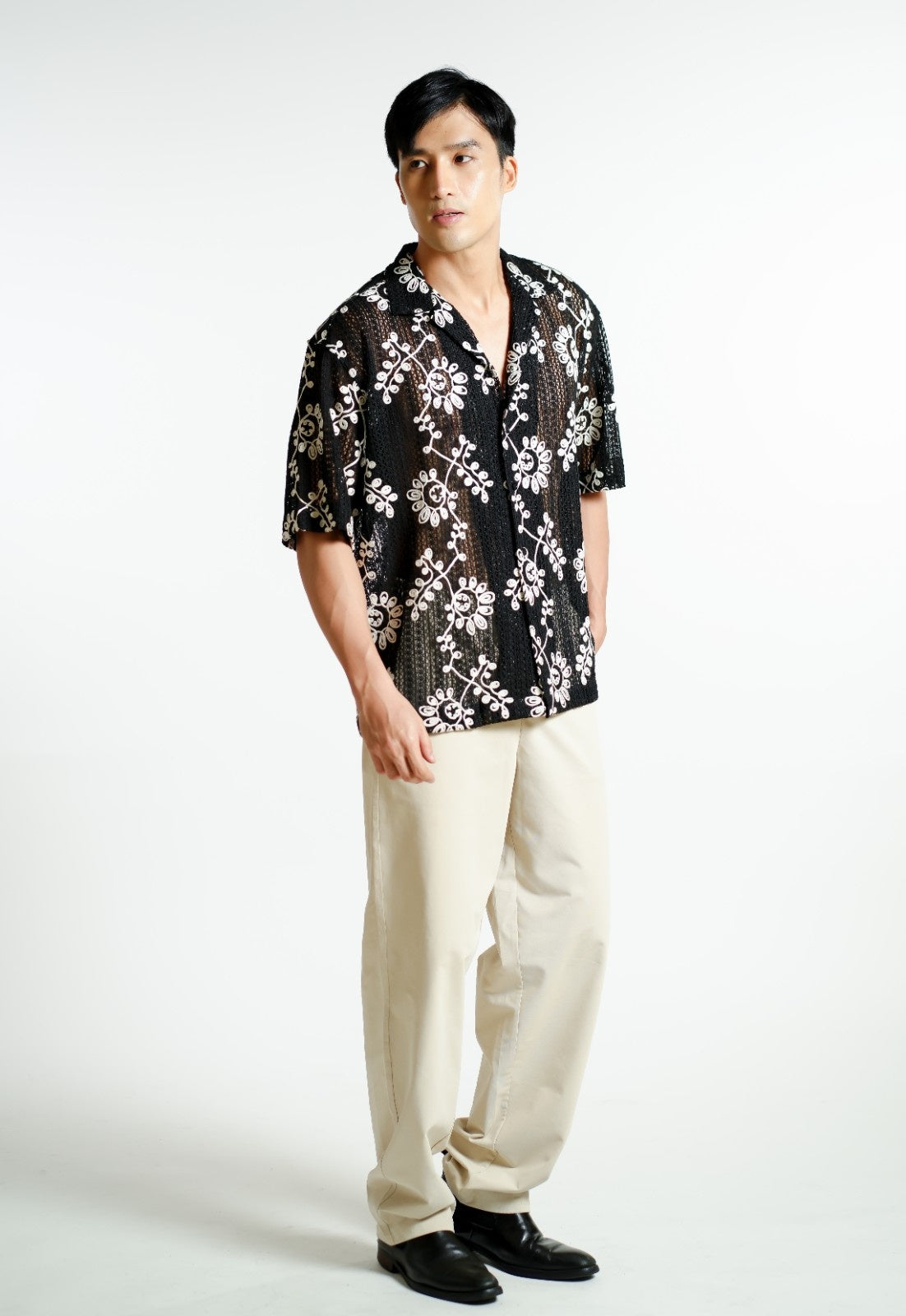 Black Embroidered Mesh Open-Collar Polo