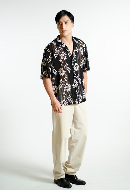 Black Embroidered Mesh Open-Collar Polo