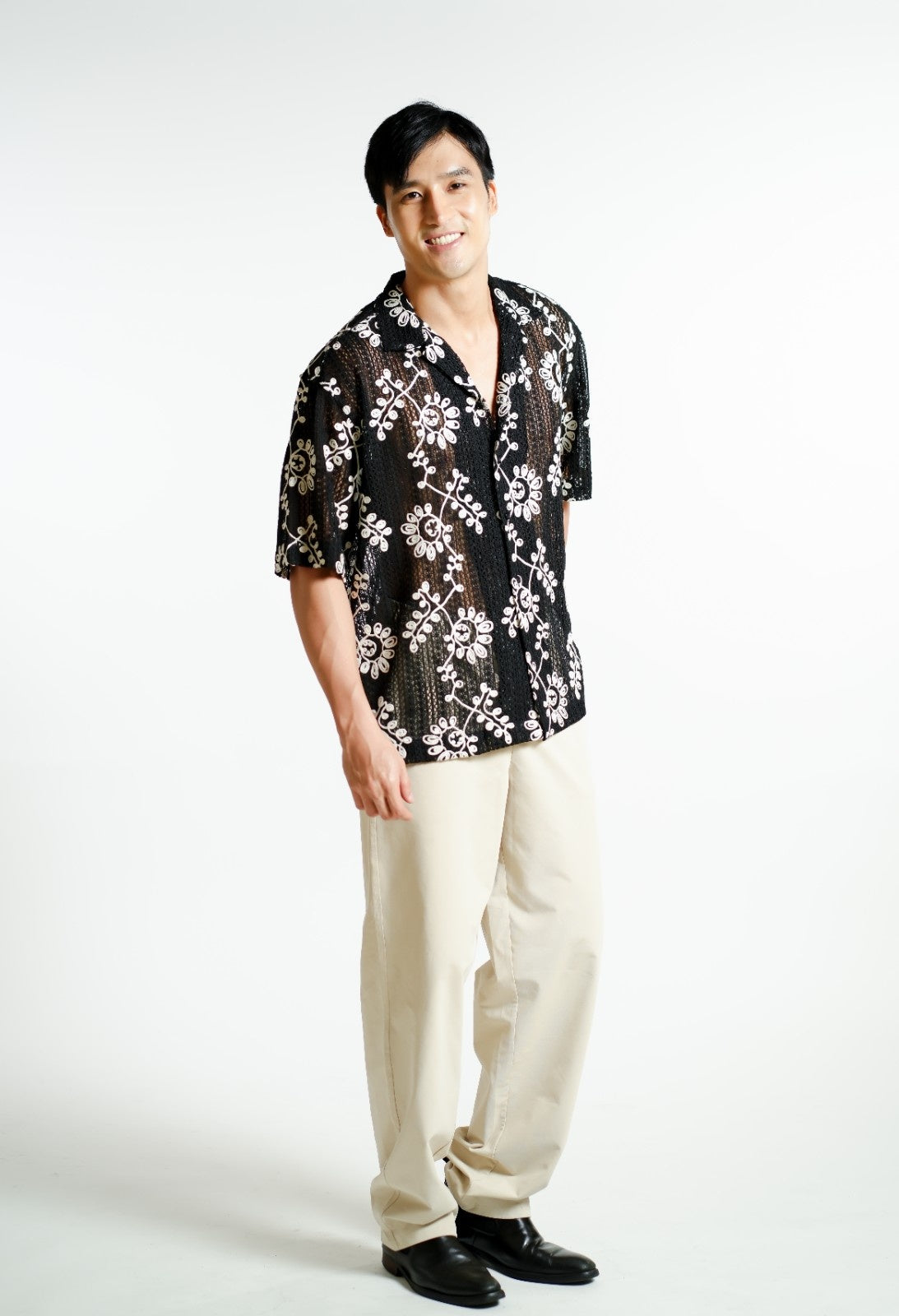 Black Embroidered Mesh Open-Collar Polo