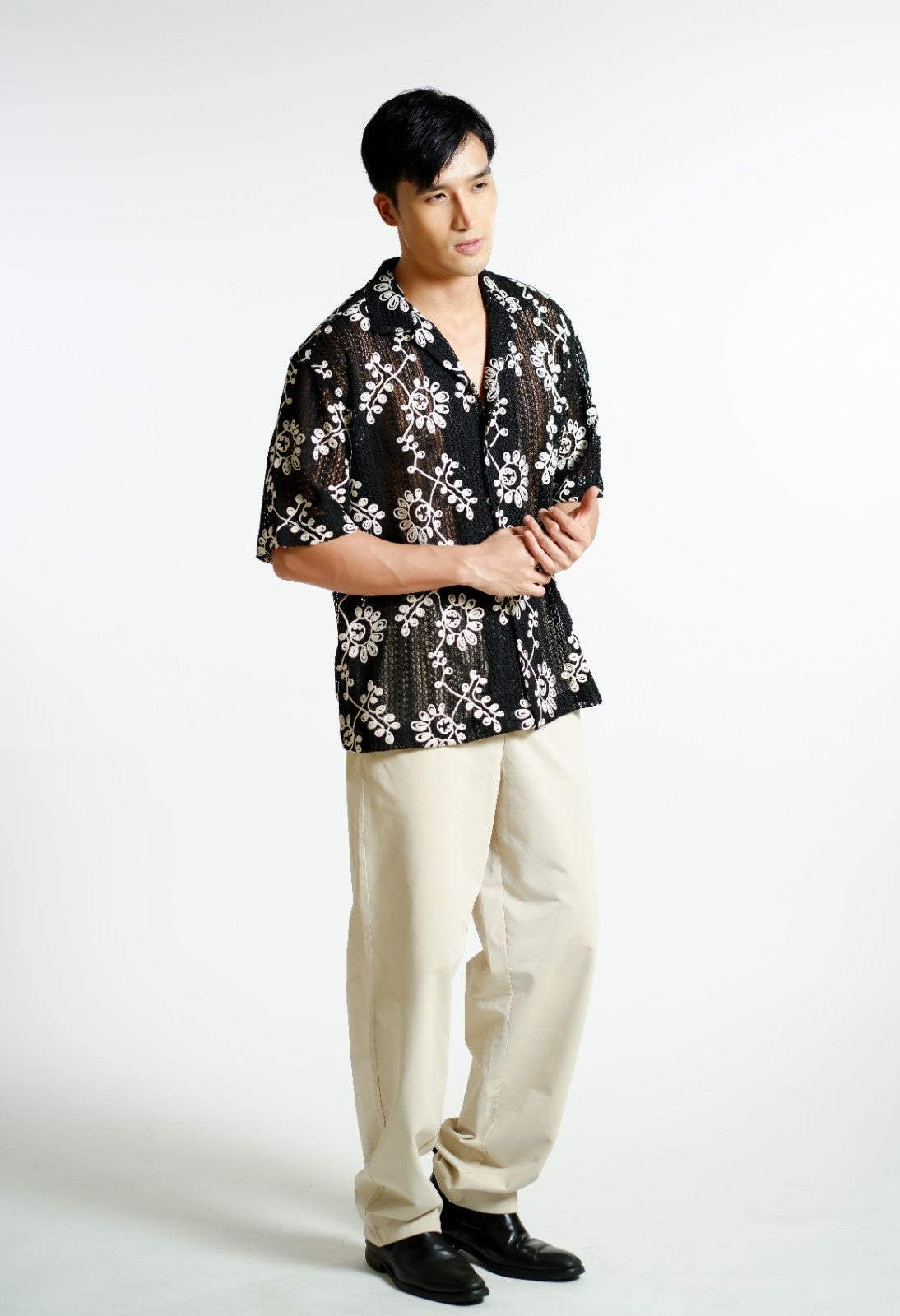 Black Embroidered Mesh Open-Collar Polo