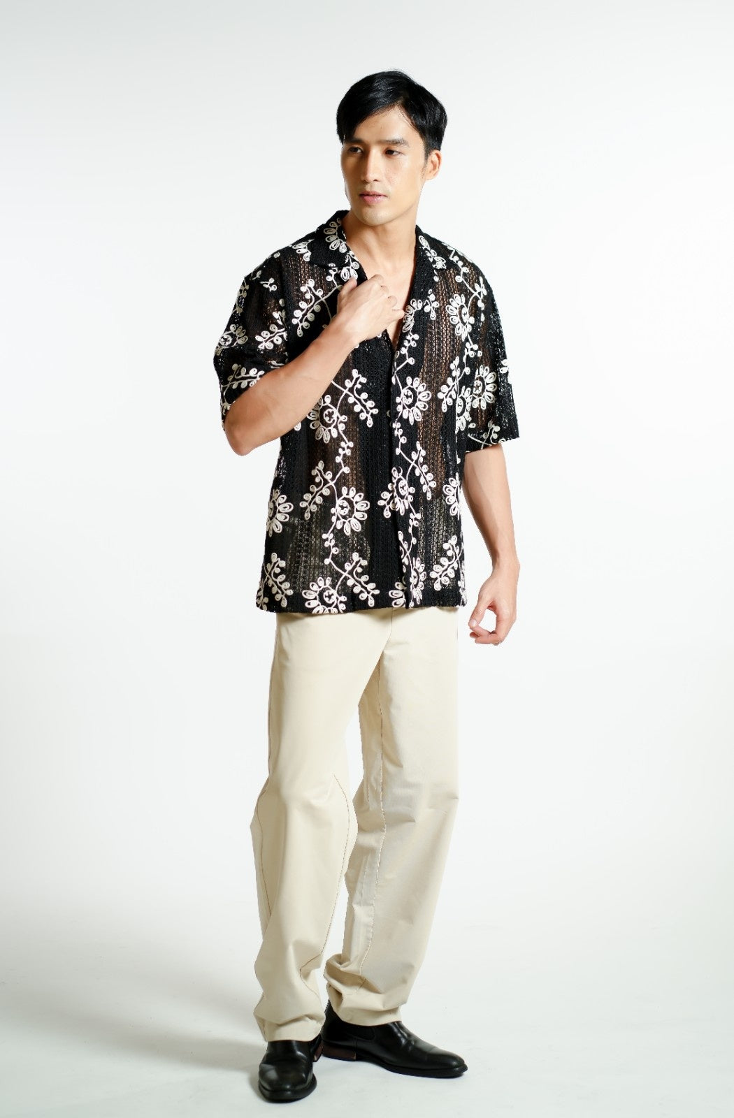 Black Embroidered Mesh Open-Collar Polo