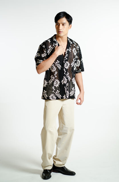 Black Embroidered Mesh Open-Collar Polo