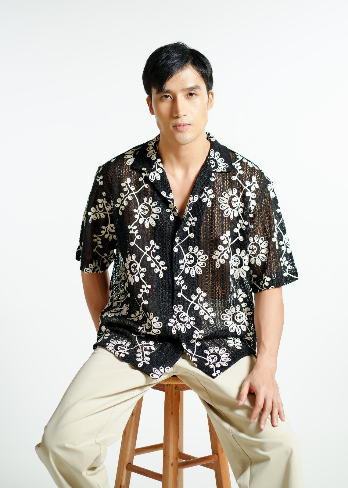 Black Embroidered Mesh Open-Collar Polo