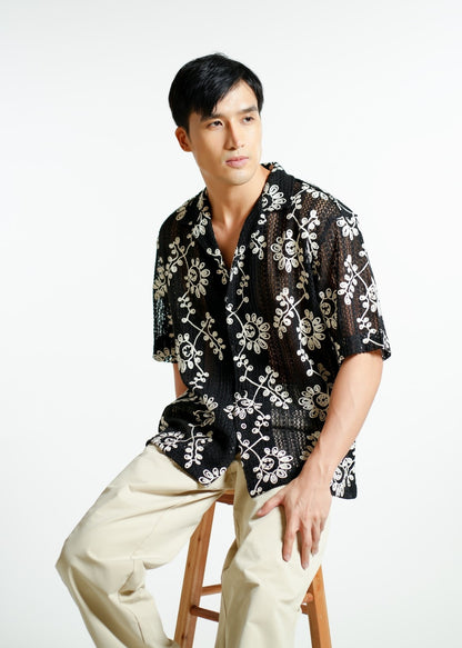 Black Embroidered Mesh Open-Collar Polo