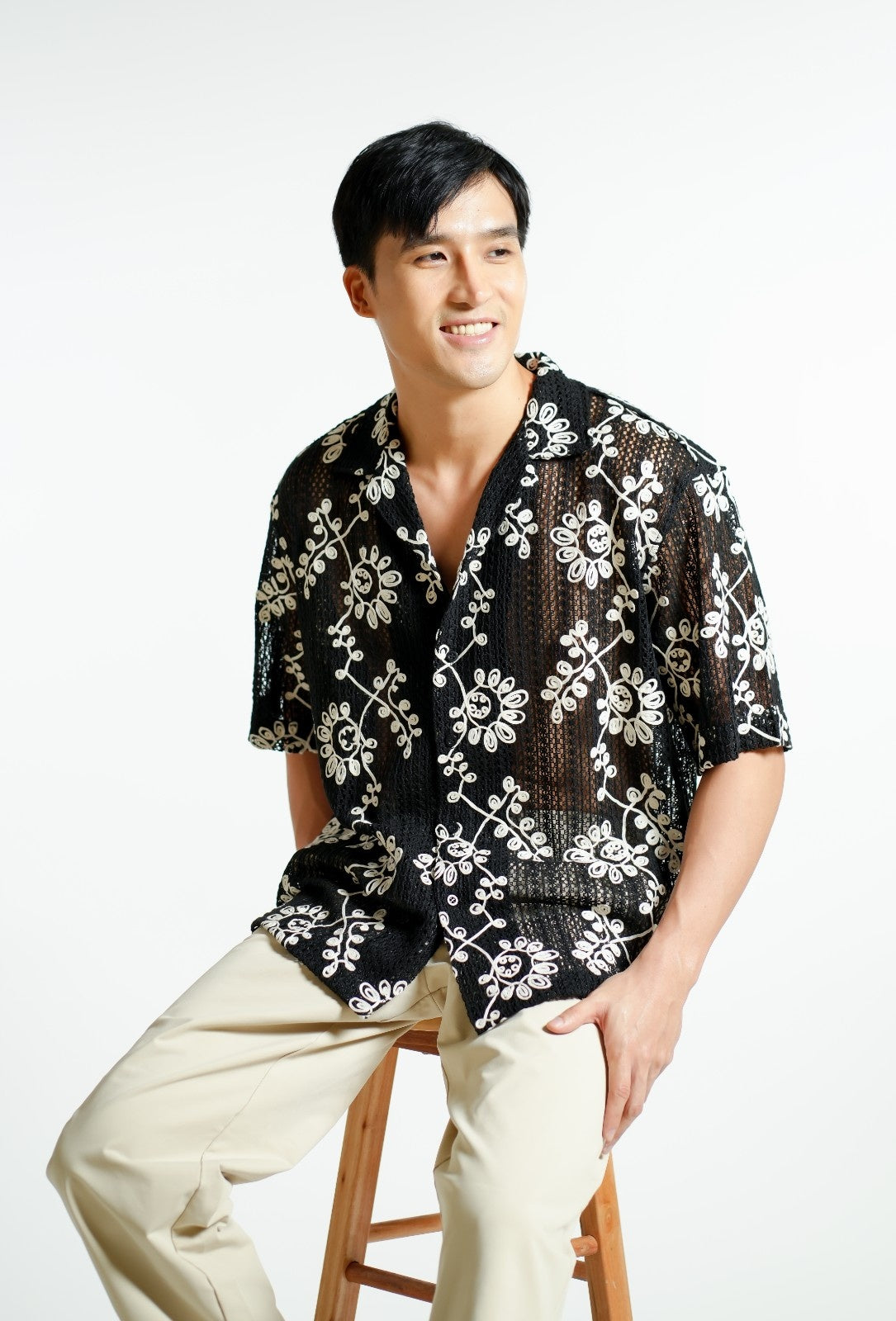 Black Embroidered Mesh Open-Collar Polo