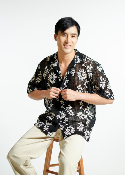 Black Embroidered Mesh Open-Collar Polo