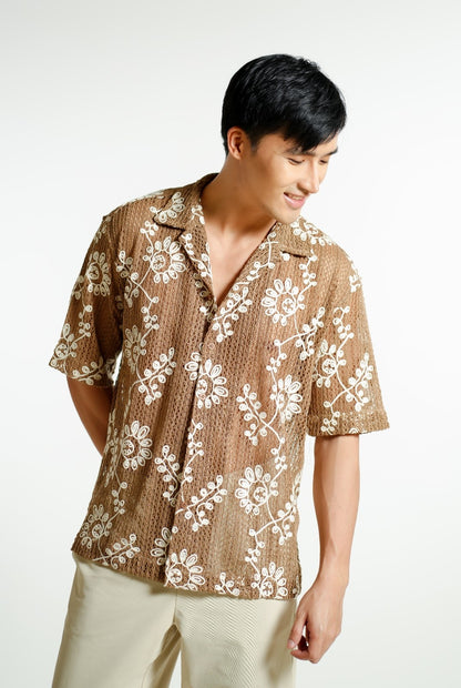 Brown Embroidered Mesh Open-Collar Polo