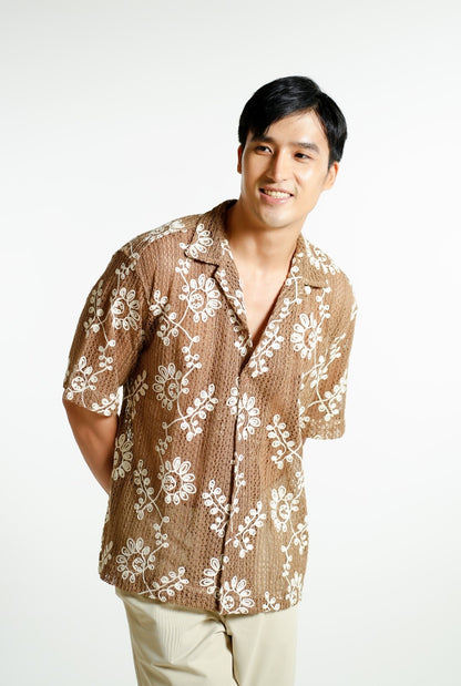 Brown Embroidered Mesh Open-Collar Polo