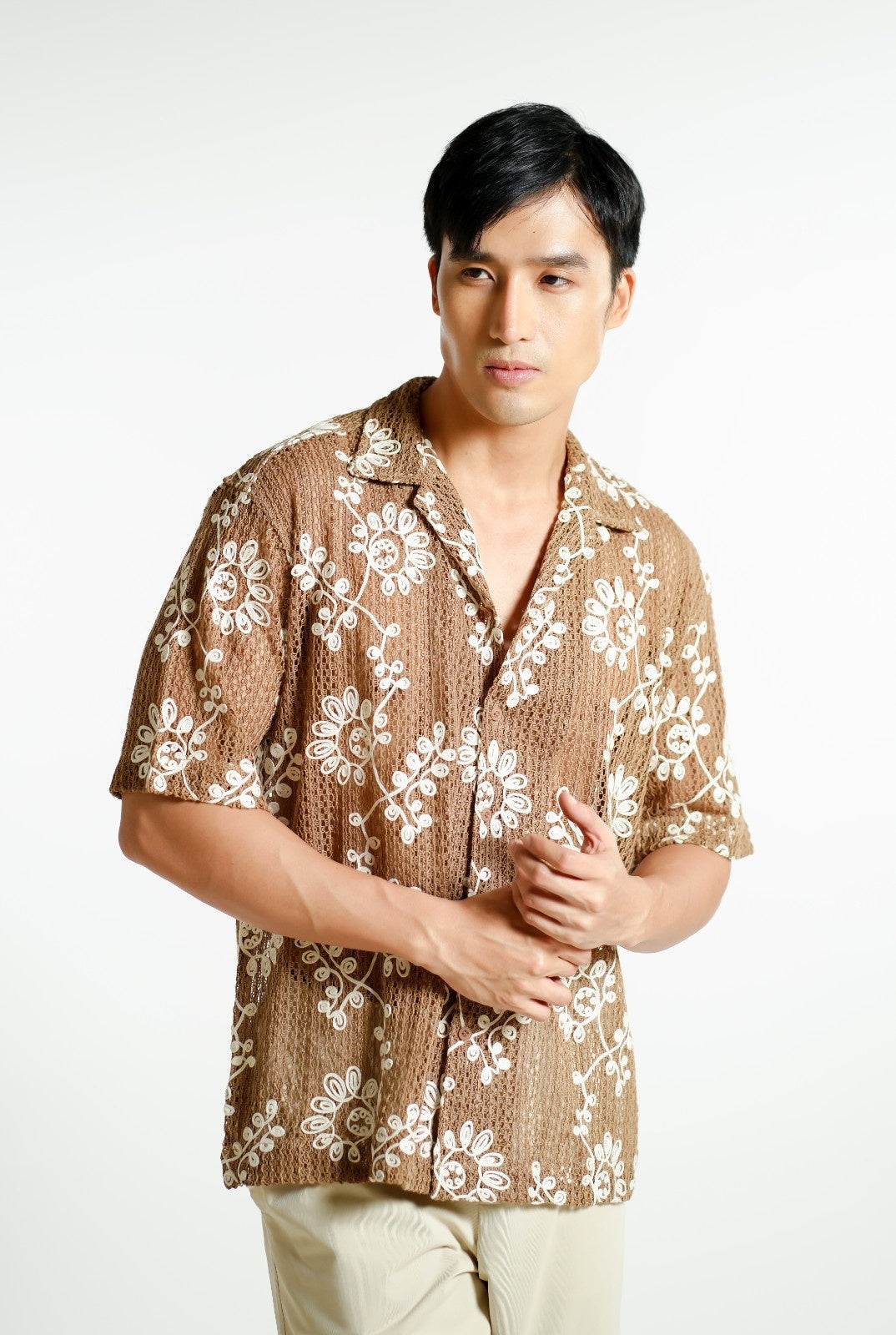 Brown Embroidered Mesh Open-Collar Polo