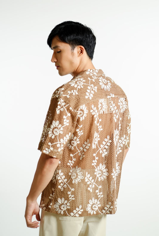 Brown Embroidered Mesh Open-Collar Polo