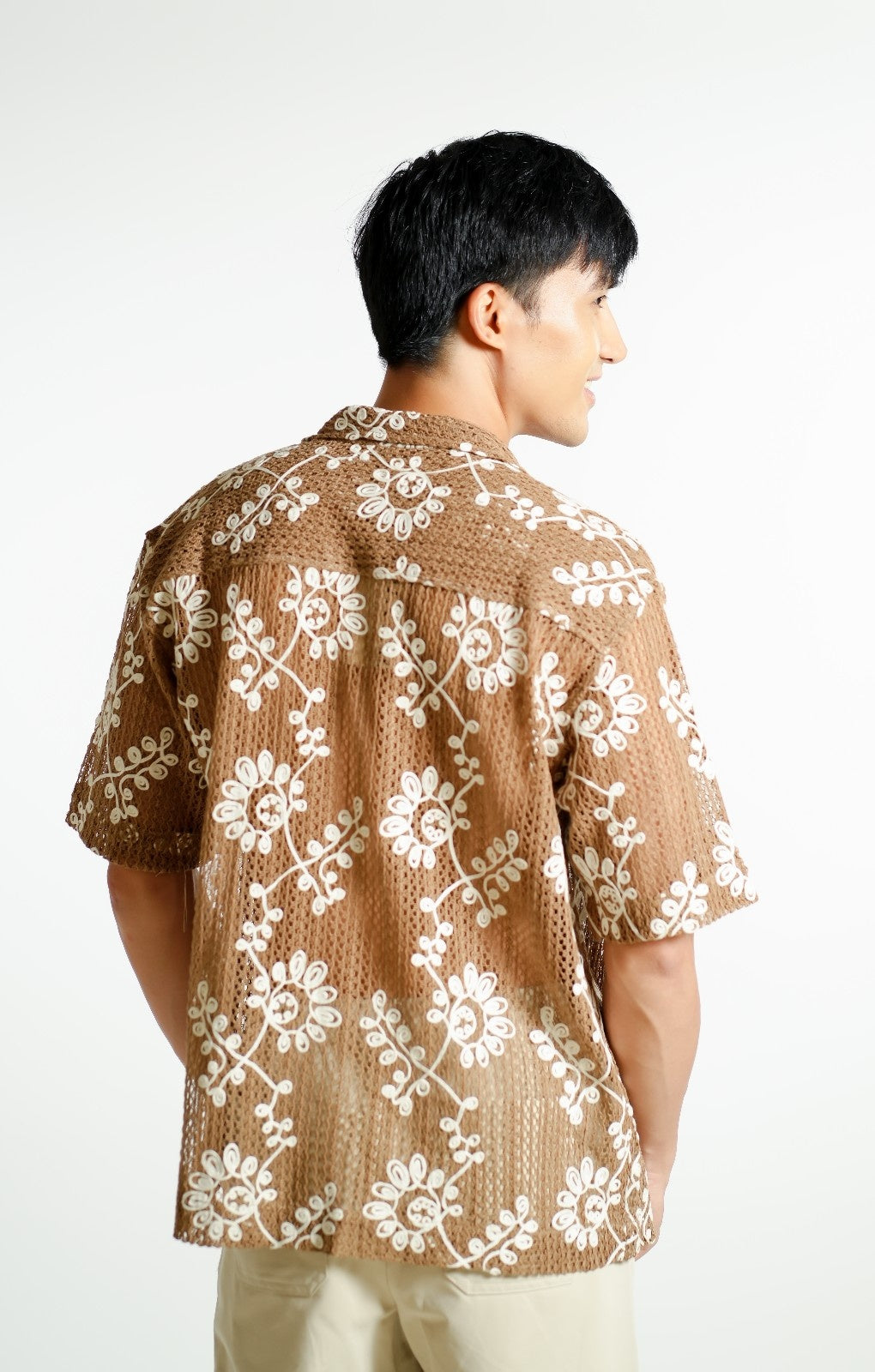 Brown Embroidered Mesh Open-Collar Polo