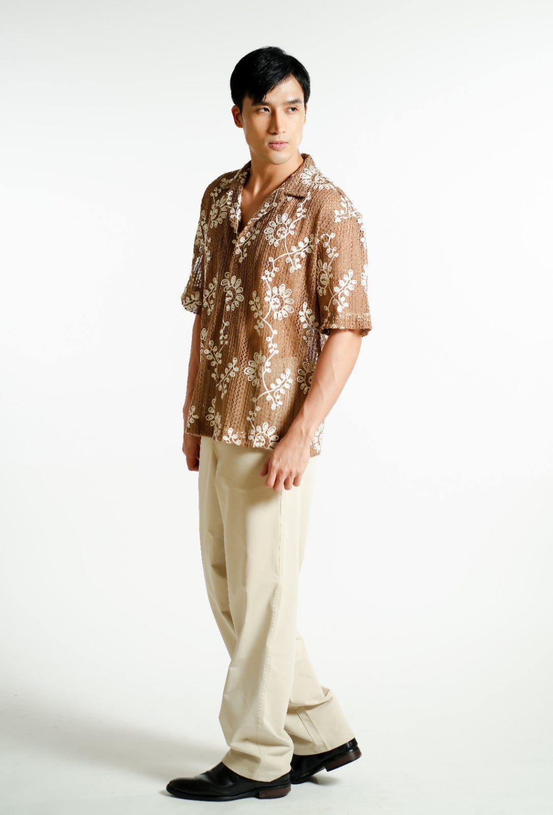 Brown Embroidered Mesh Open-Collar Polo