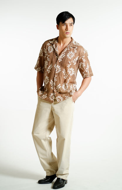 Brown Embroidered Mesh Open-Collar Polo