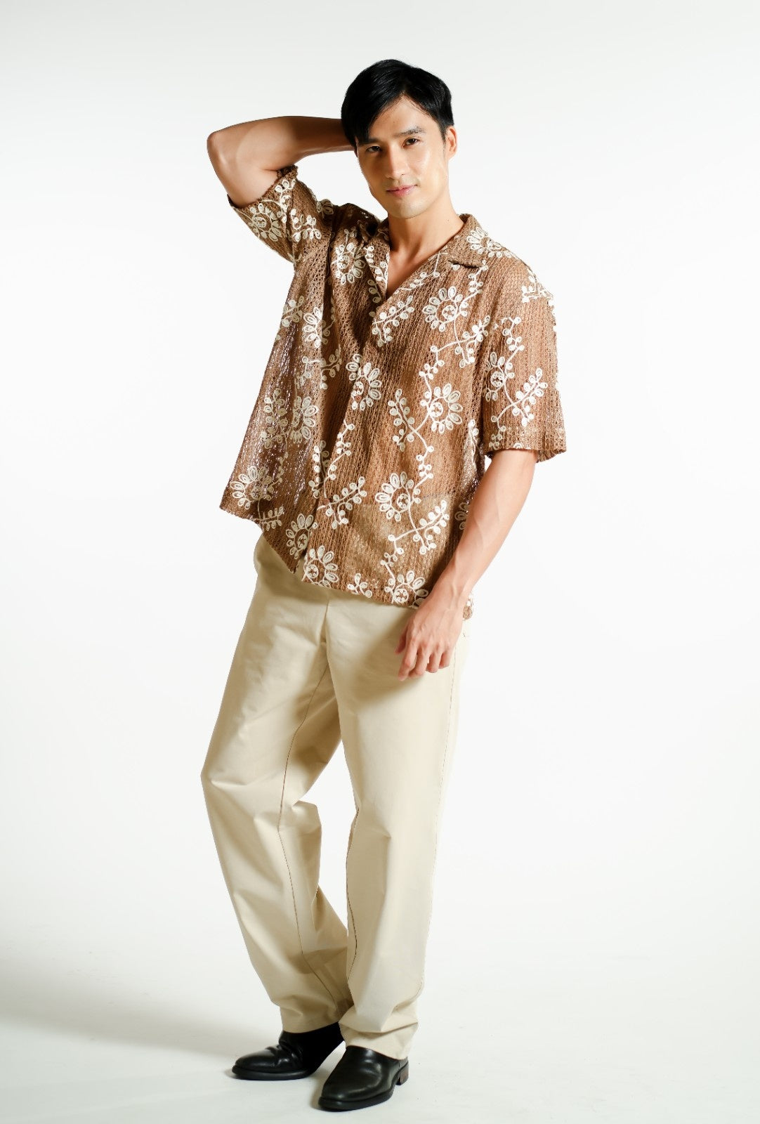 Brown Embroidered Mesh Open-Collar Polo