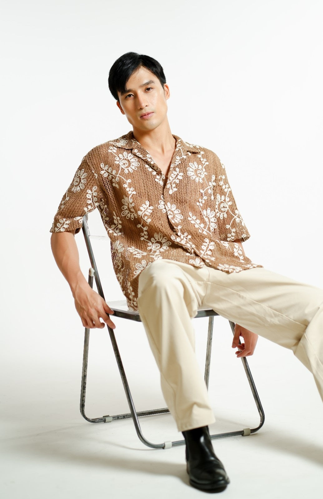 Brown Embroidered Mesh Open-Collar Polo