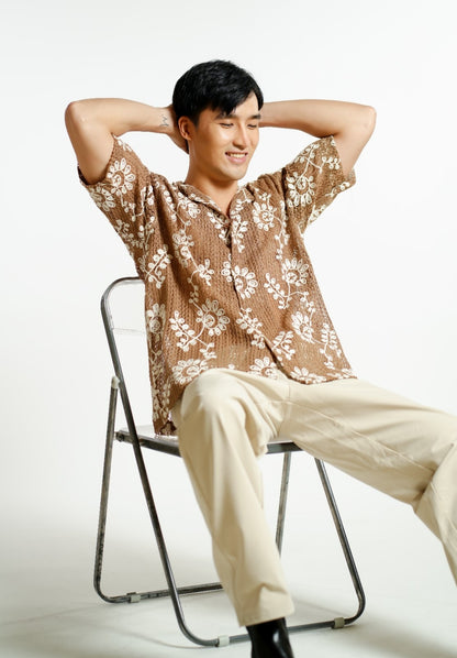 Brown Embroidered Mesh Open-Collar Polo