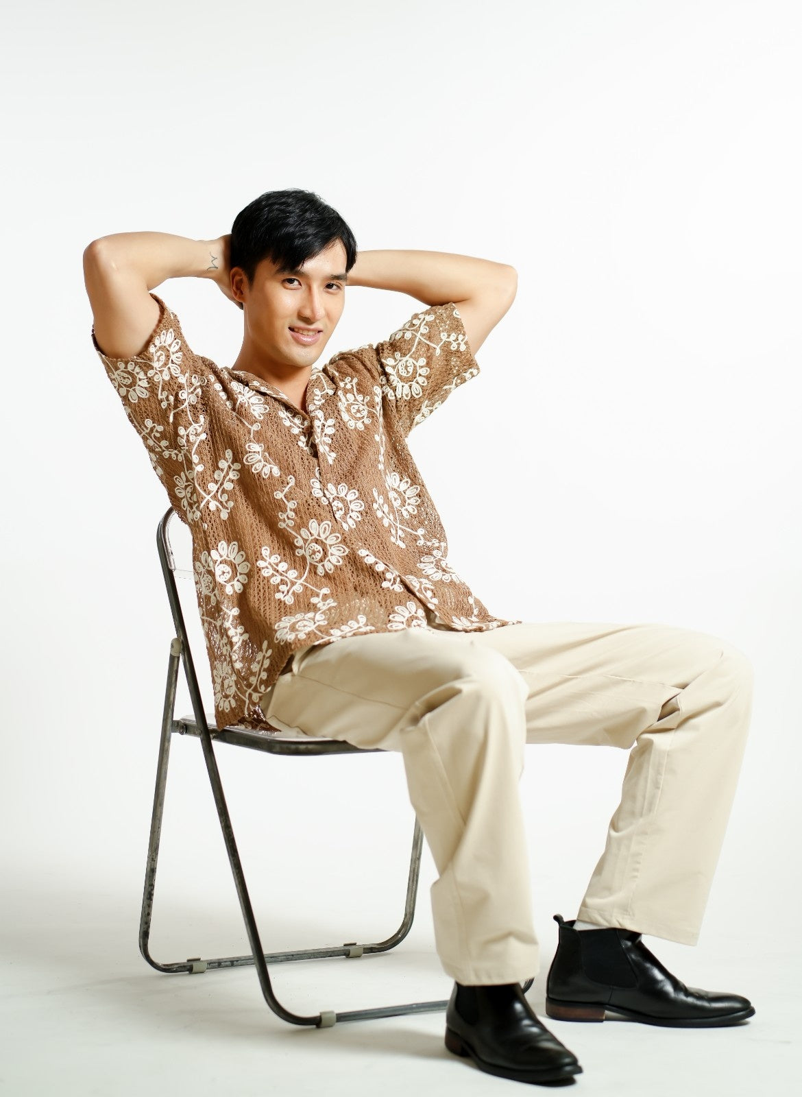 Brown Embroidered Mesh Open-Collar Polo