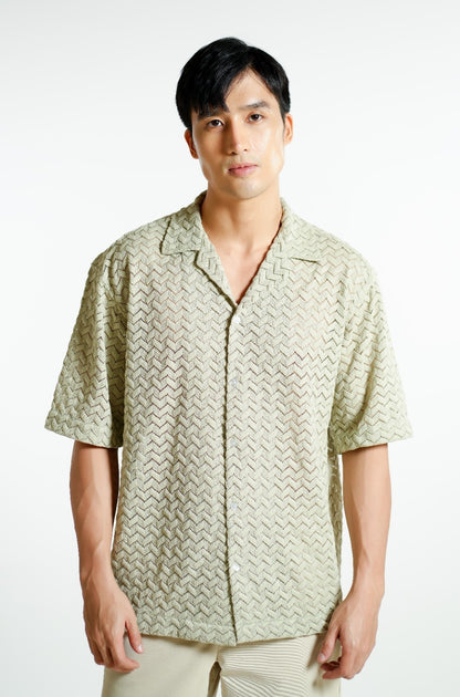 Sage Textured Knit Open-Collar Polo