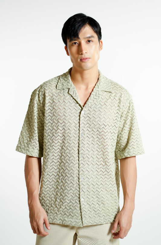 Sage Textured Knit Open-Collar Polo