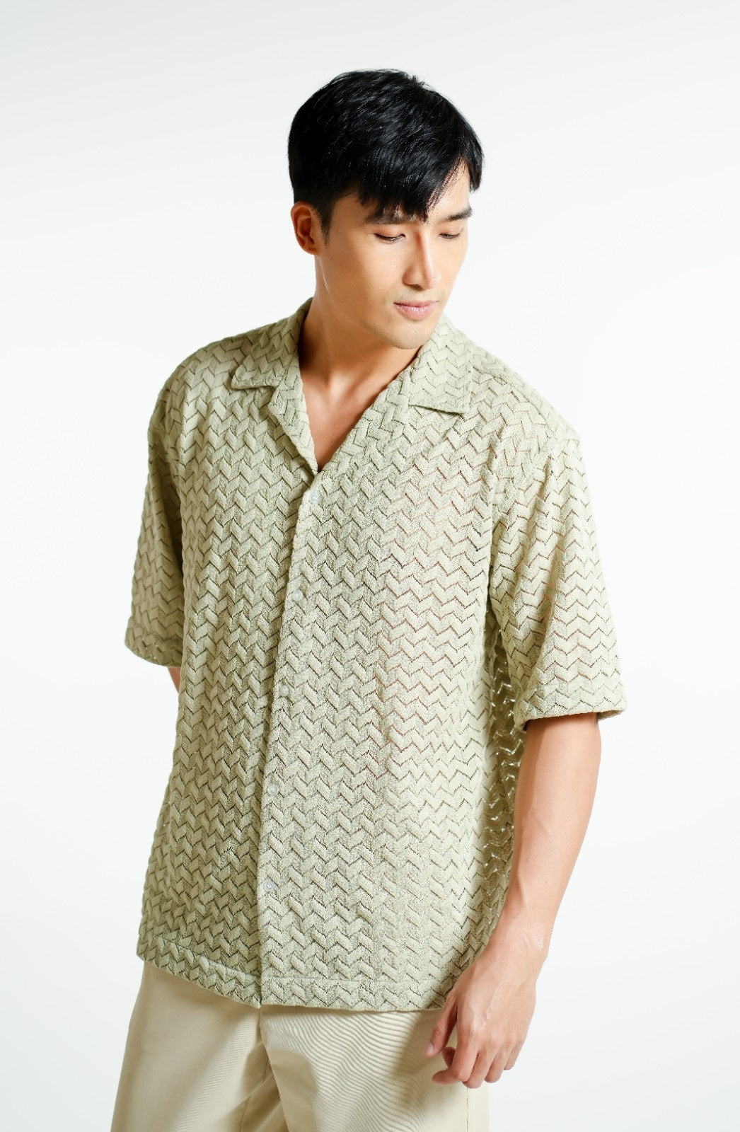 Sage Textured Knit Open-Collar Polo