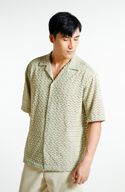 Sage Textured Knit Open-Collar Polo