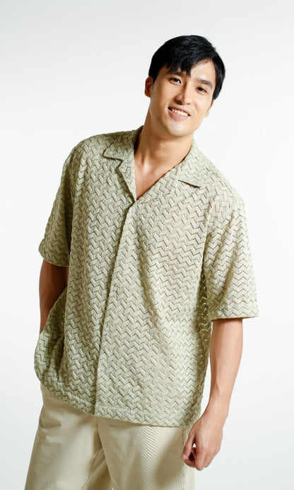 Sage Textured Knit Open-Collar Polo
