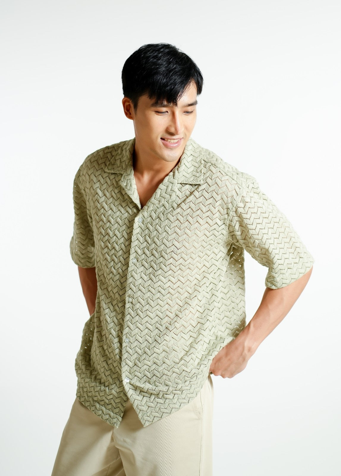 Sage Textured Knit Open-Collar Polo