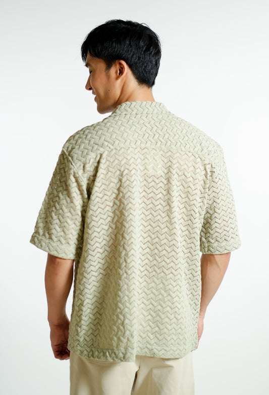 Sage Textured Knit Open-Collar Polo