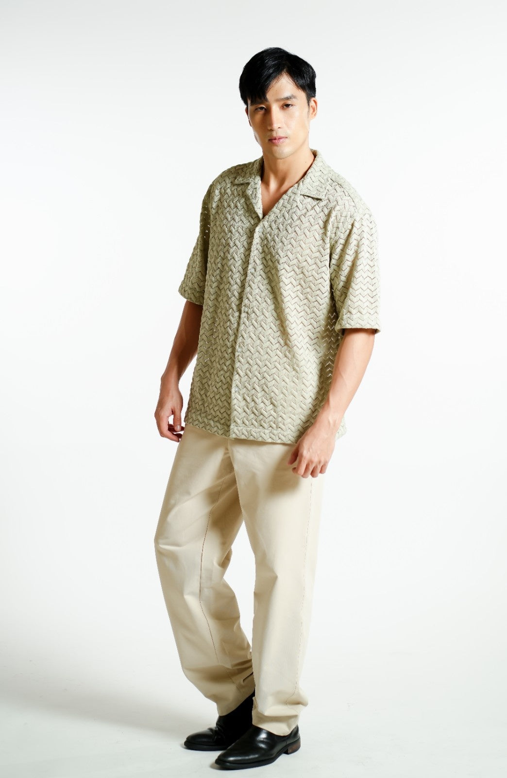 Sage Textured Knit Open-Collar Polo