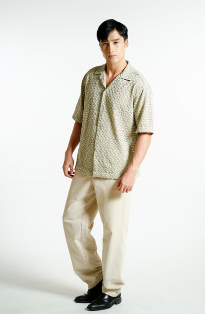 Sage Textured Knit Open-Collar Polo