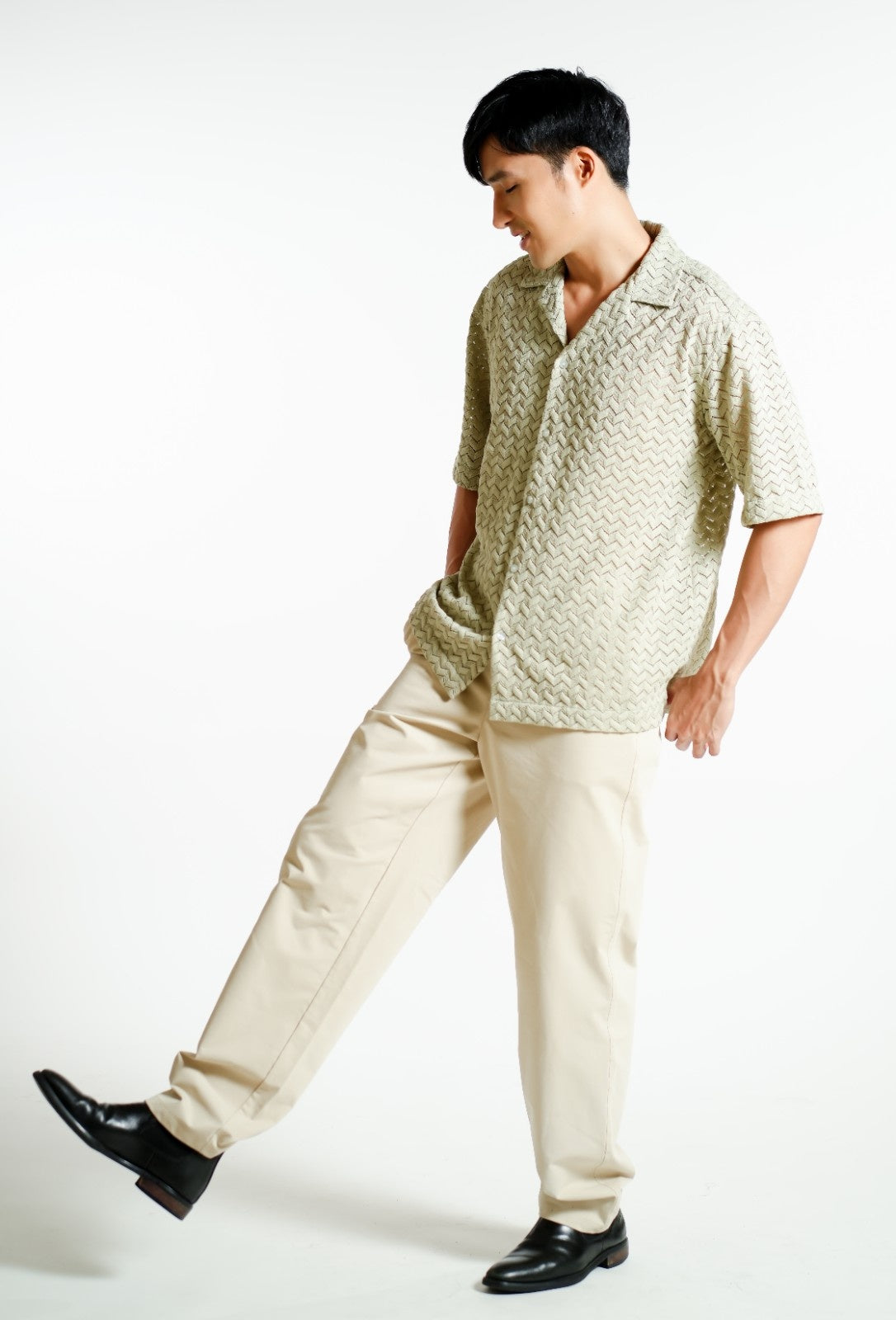 Sage Textured Knit Open-Collar Polo