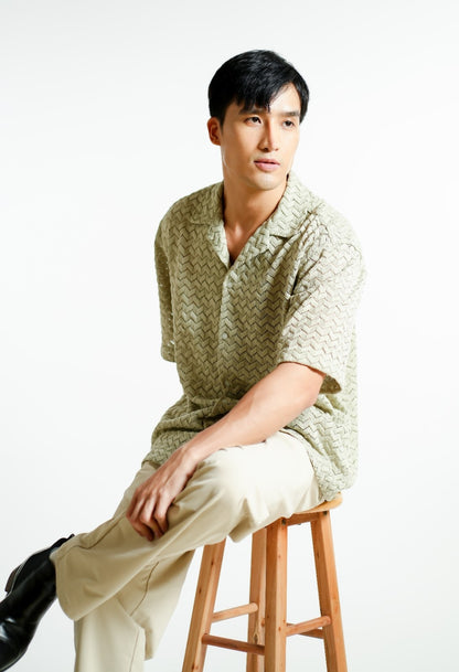Sage Textured Knit Open-Collar Polo