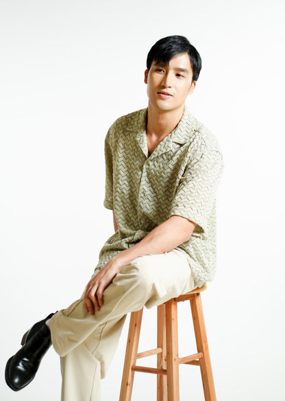 Sage Textured Knit Open-Collar Polo