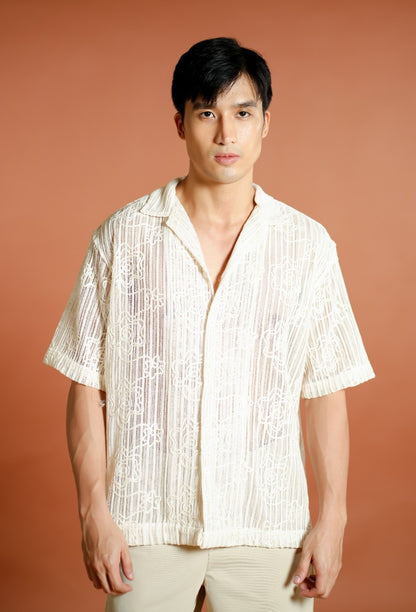 Cream Textured Knit Open-Collar Polo