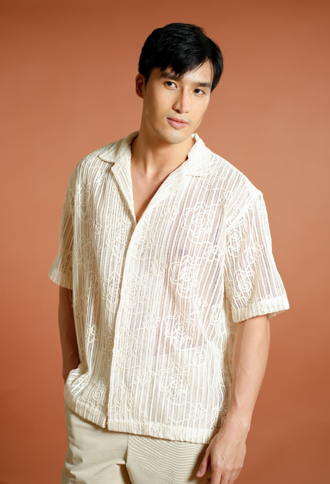 Cream Textured Knit Open-Collar Polo