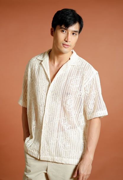 Cream Textured Knit Open-Collar Polo