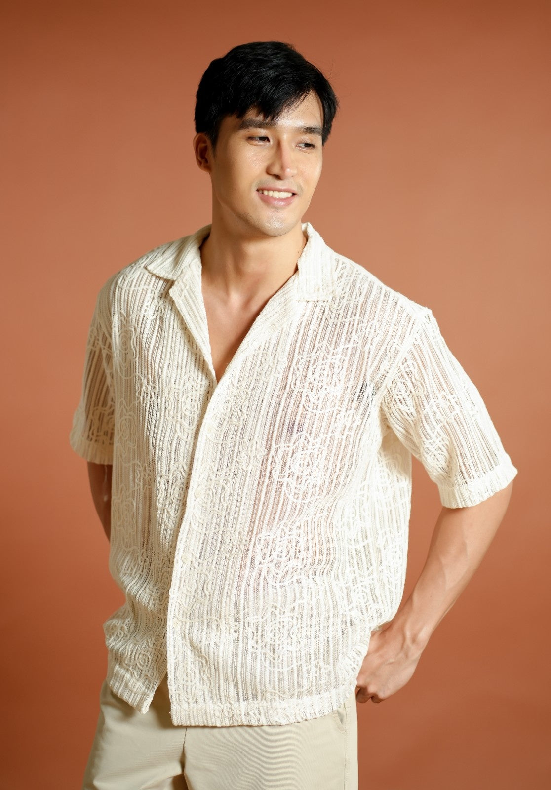 Cream Textured Knit Open-Collar Polo