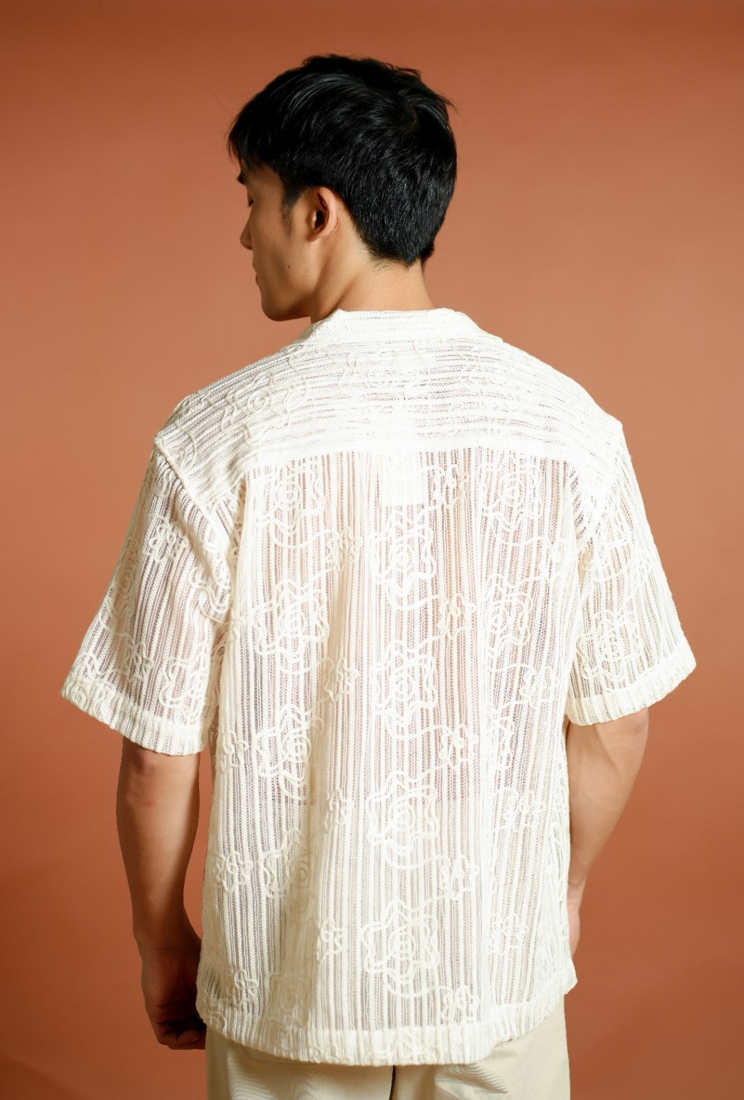 Cream Textured Knit Open-Collar Polo