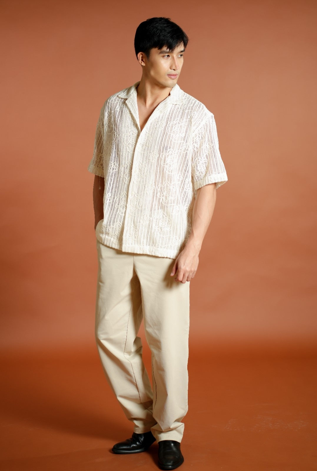 Cream Textured Knit Open-Collar Polo