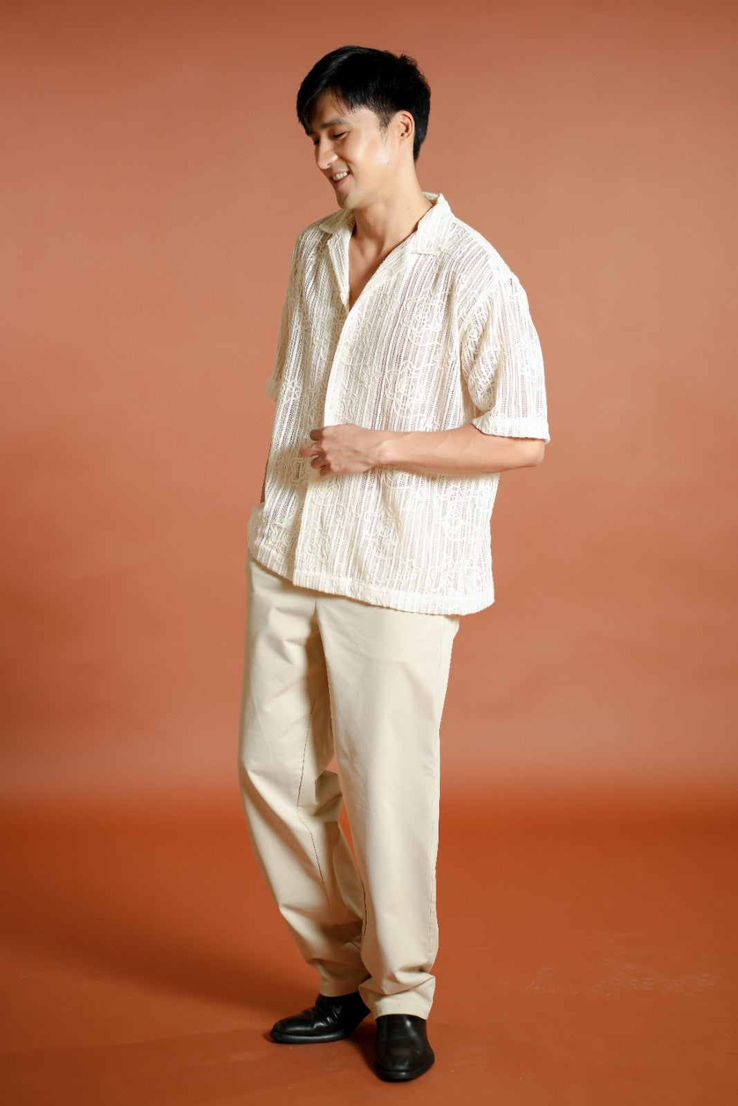 Cream Textured Knit Open-Collar Polo