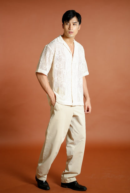 Cream Textured Knit Open-Collar Polo