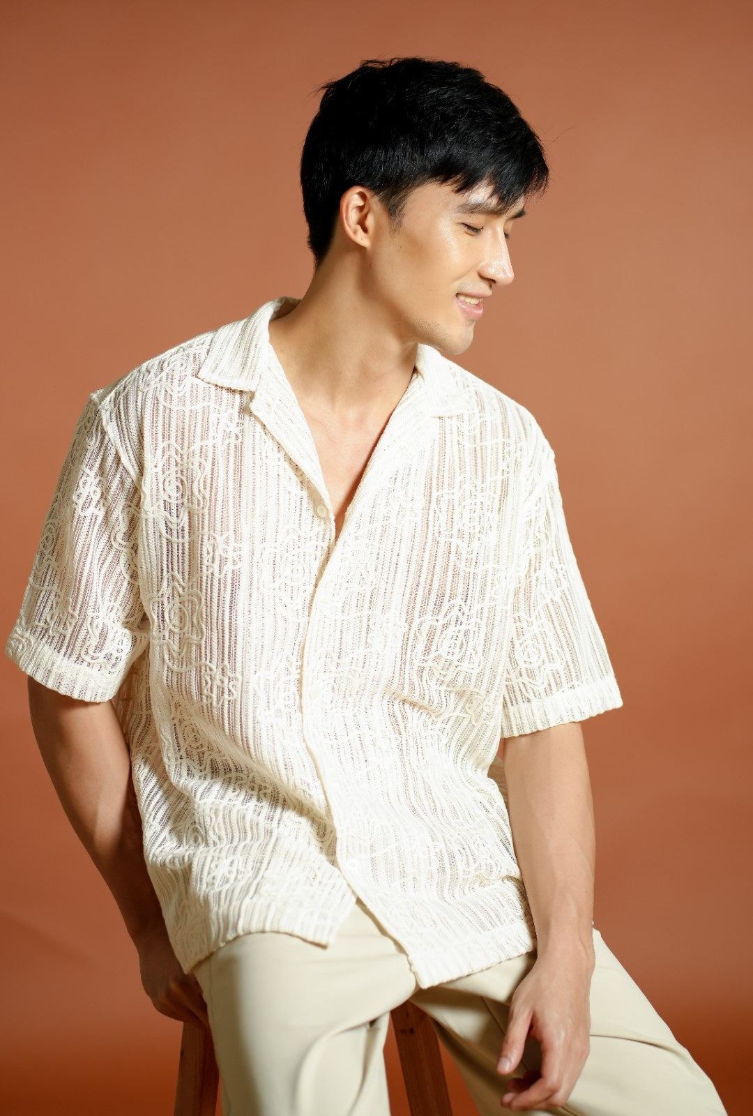 Cream Textured Knit Open-Collar Polo