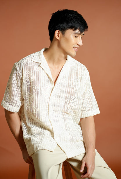 Cream Textured Knit Open-Collar Polo