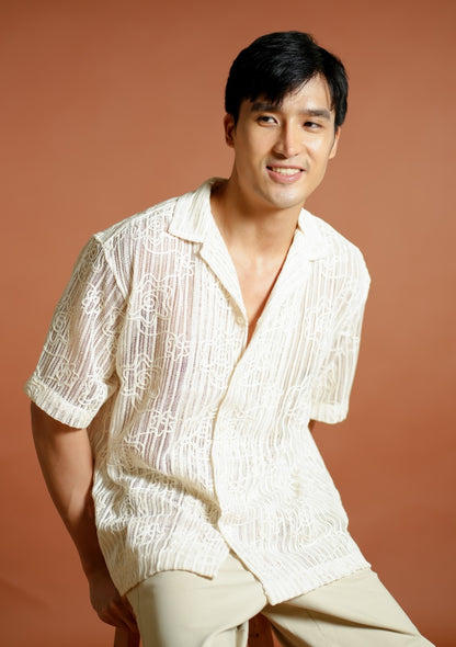 Cream Textured Knit Open-Collar Polo