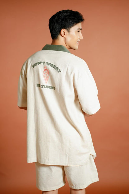 Cream Don’t Worry Be Yummy Open-Collar Polo