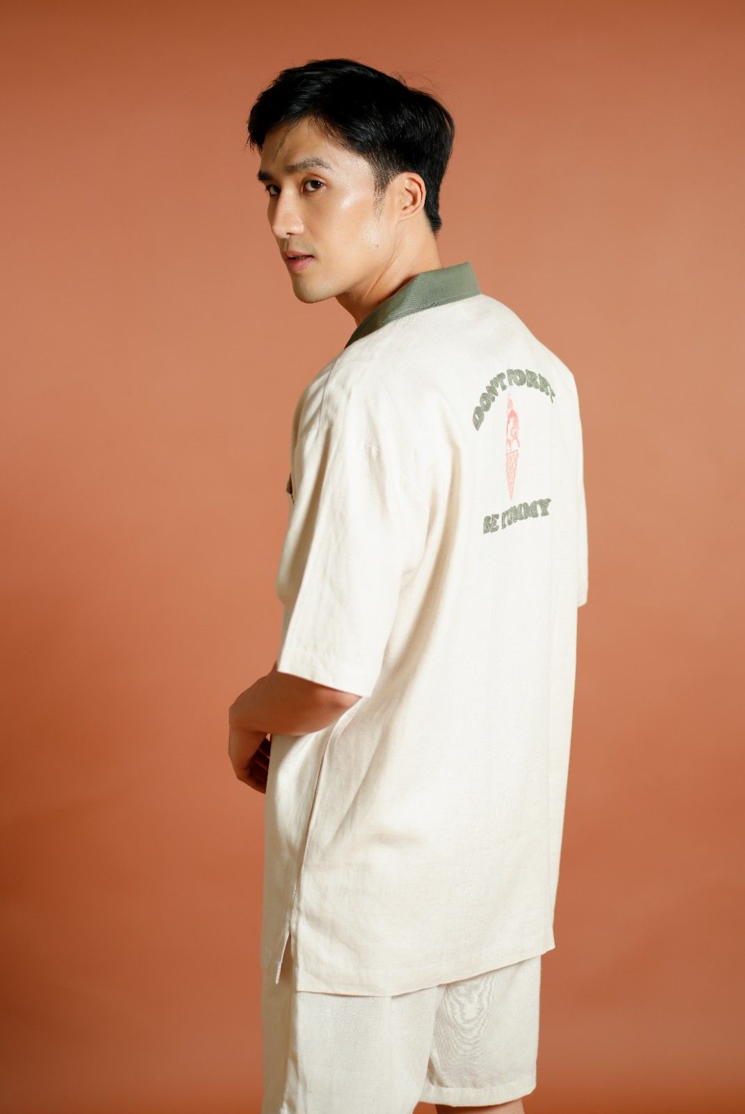 Cream Don’t Worry Be Yummy Open-Collar Polo