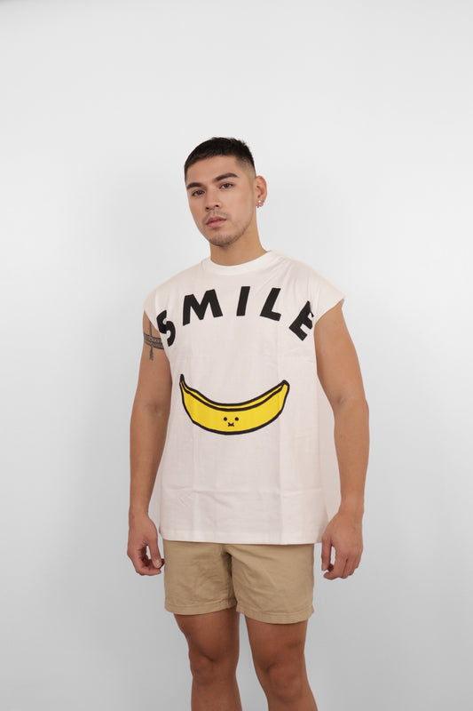 White Smile Banana Graphic Muscle Tee